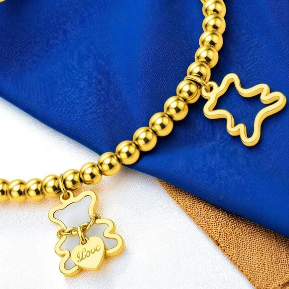 🆕️Whimsical 18K Gold Plated Stainless Steel Bear Charm Beaded Dainty Bracelet - Picture 11 of 14